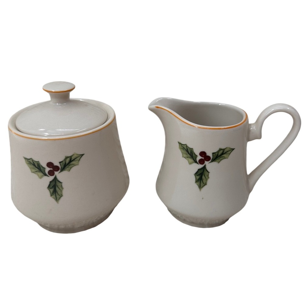 Merry Brite Creamer and Sugar Bowl Set Holly Berry Christmas Holiday Tea Service